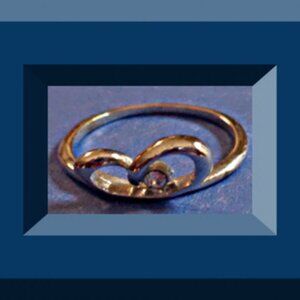 Silver Tone Heart Design Ring Size 5 With Clear Crystal
